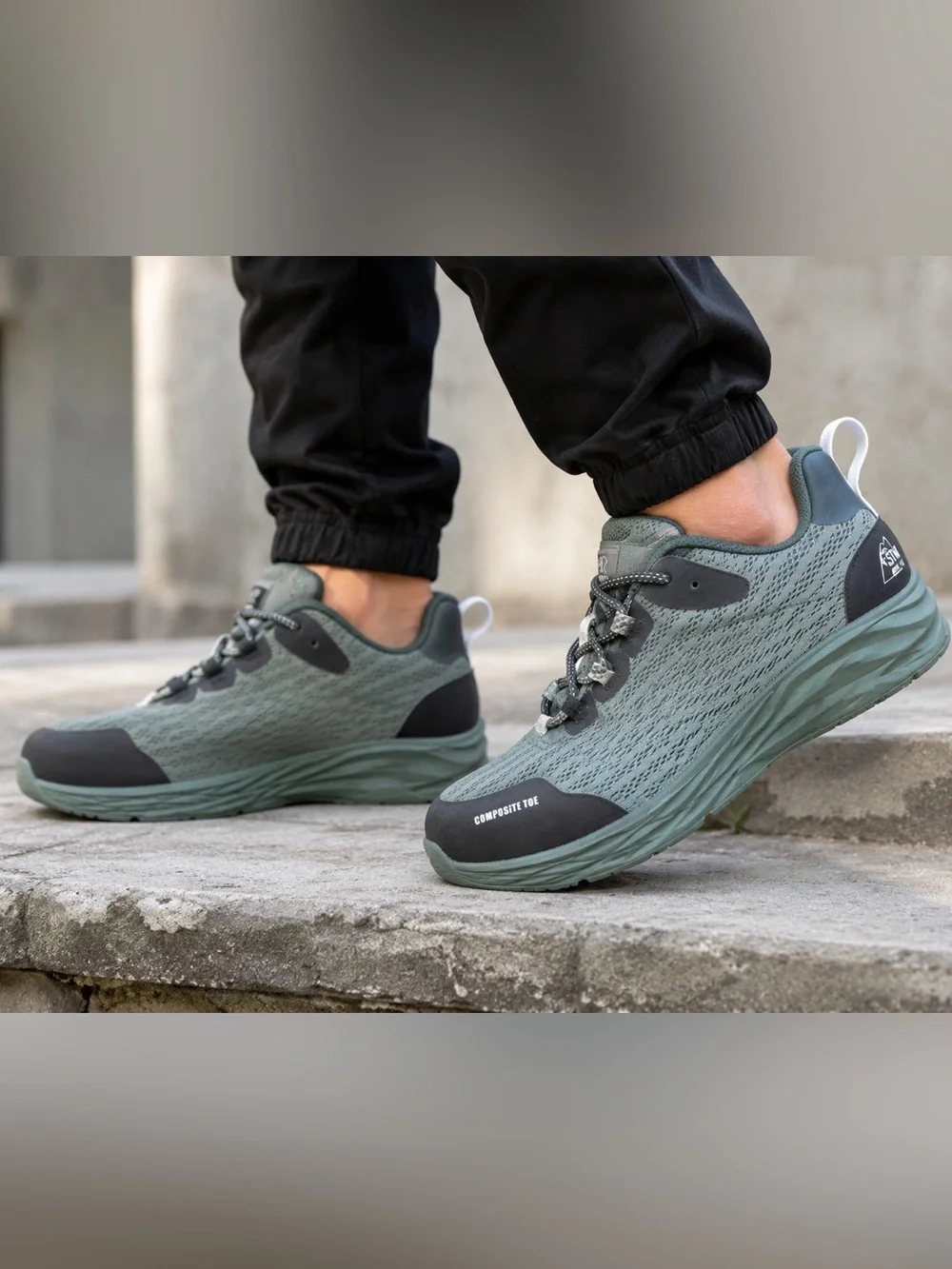Lightweight Composite-Toe Athletic Work Sneakers in Sage Green and Black
